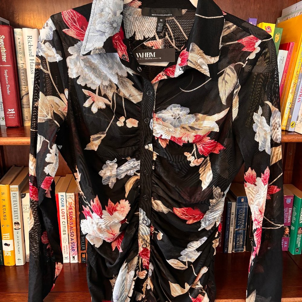 NWT White House Black Market Mesh Ruched Long Sleeve Shirt